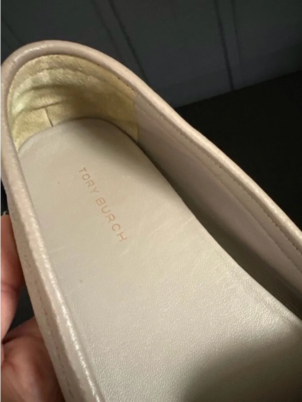Tory Burch Everly Leather Driver Loafers French Gray Taupe Rolled Brass Size 6M